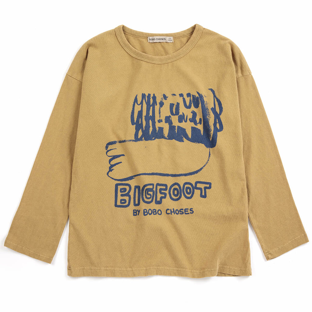 T-shirt à manches longues en coton biologique kaki clair Bigfoot pour enfant (1-13 ans) avec col rond et grand imprimé devant