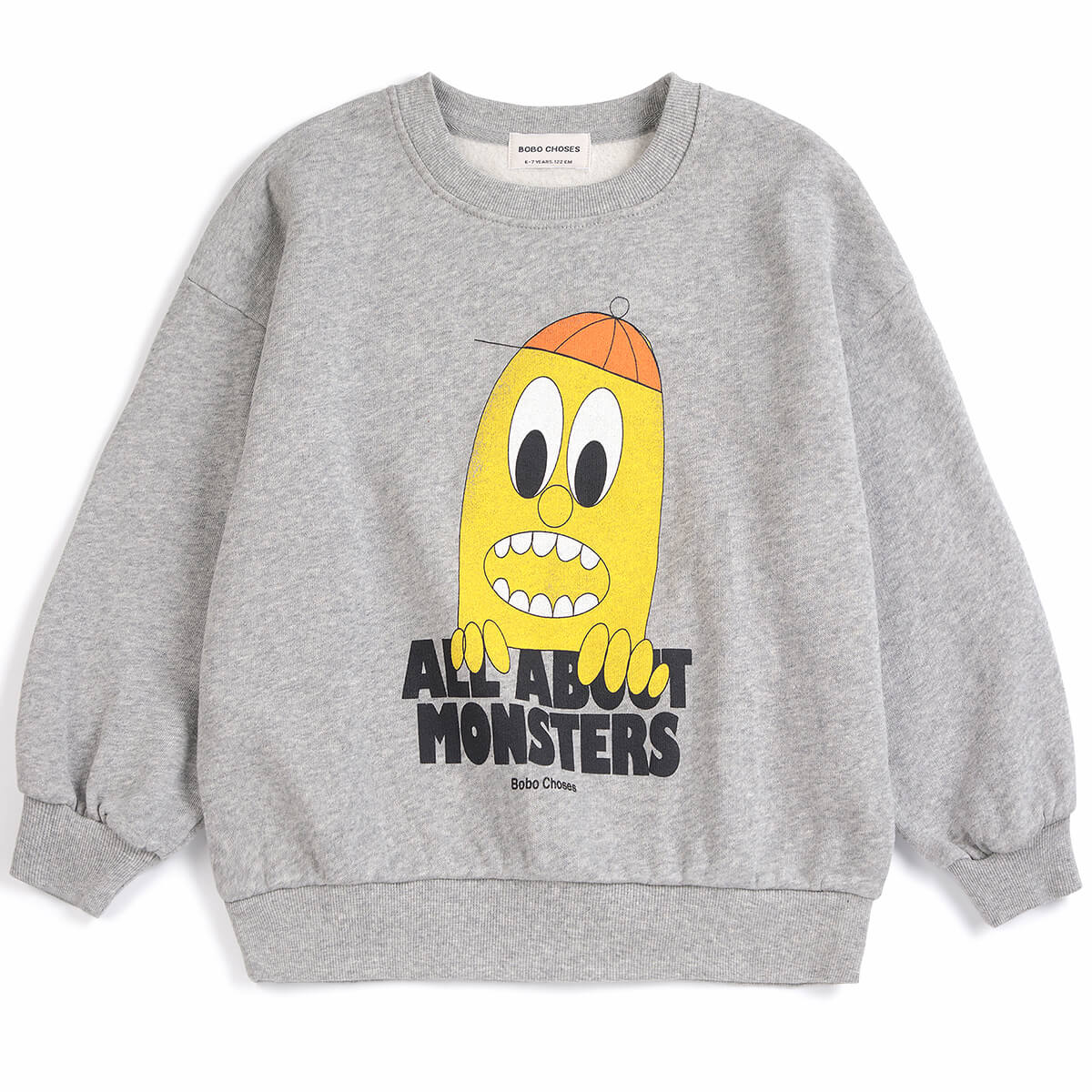 Sweat-shirt décontracté gris clair chiné en coton biologique "All About Monsters" avec poignets côtelés et imprimé graphique pour enfants de 1 à 13 ans