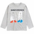 T-shirt décontracté en jersey de coton bio gris chiné à manches longues avec col rond et imprimé devant pour enfants 1–13 ans