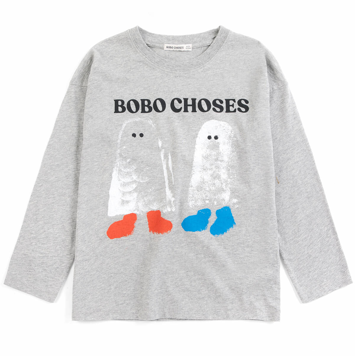 T-shirt décontracté en jersey de coton bio gris chiné à manches longues avec col rond et imprimé devant pour enfants 1–13 ans