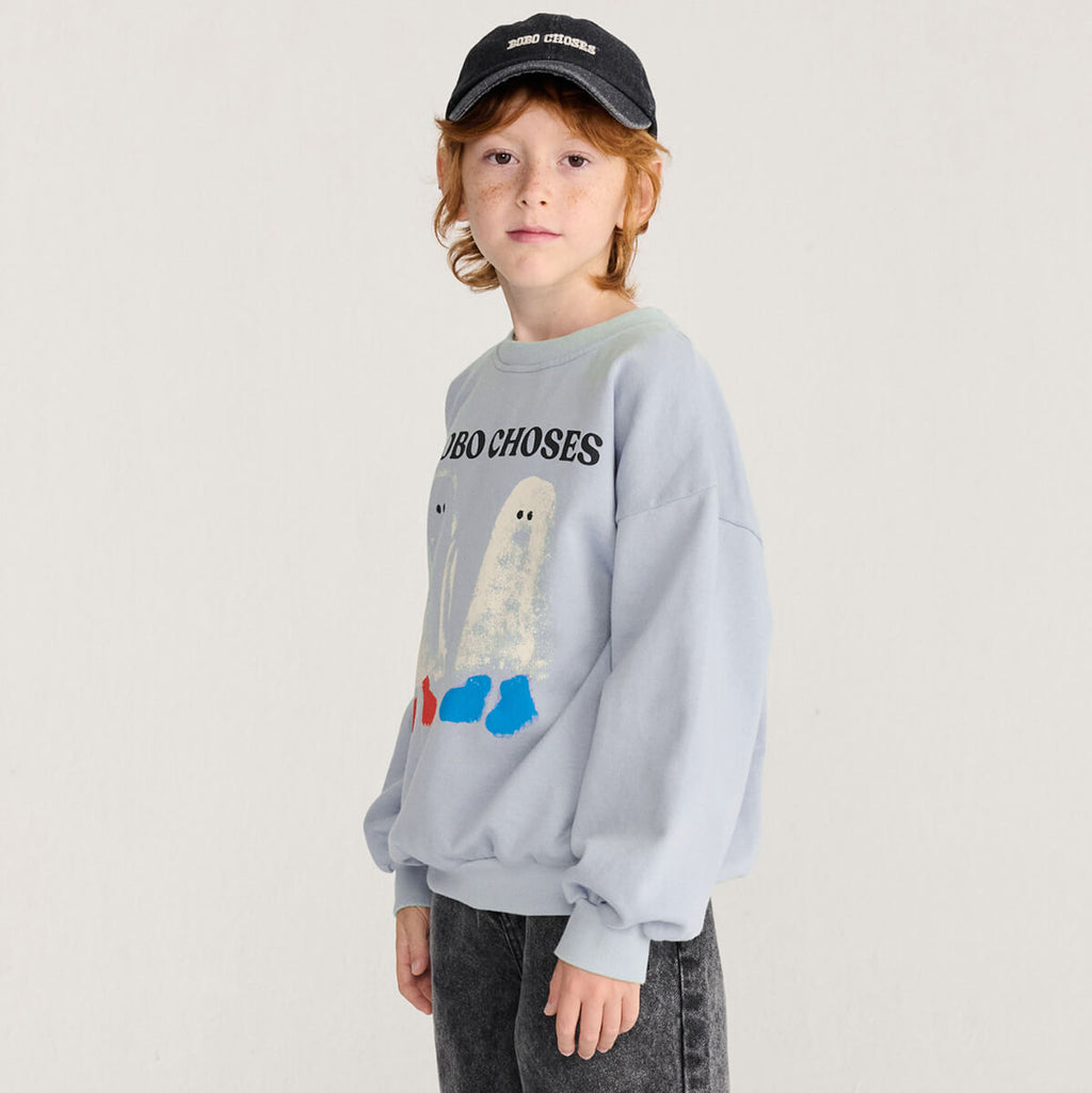 Sweat-shirt décontracté en coton biologique bleu clair avec bords-côtes et imprimé graphique pour enfants de 1 à 13 ans