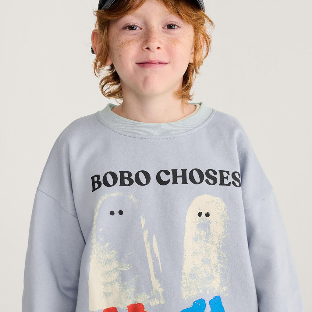 Sweat-shirt décontracté en coton biologique bleu clair avec bords-côtes et imprimé graphique pour enfants de 1 à 13 ans