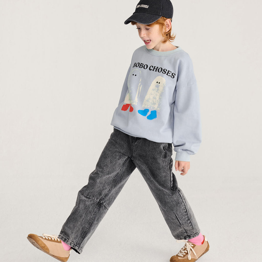 Sweat-shirt décontracté en coton biologique bleu clair avec bords-côtes et imprimé graphique pour enfants de 1 à 13 ans