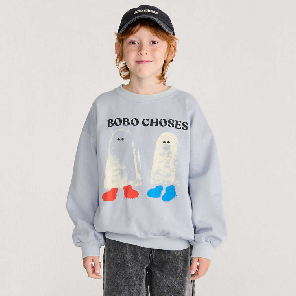 Sweat-shirt décontracté en coton biologique bleu clair avec bords-côtes et imprimé graphique pour enfants de 1 à 13 ans