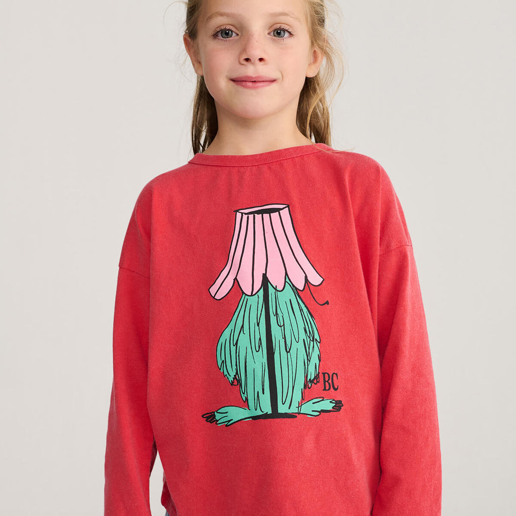 T-shirt décontracté à manches longues en coton bio avec imprimé monstre rouge caché et col rond pour enfants de 1 à 13 ans