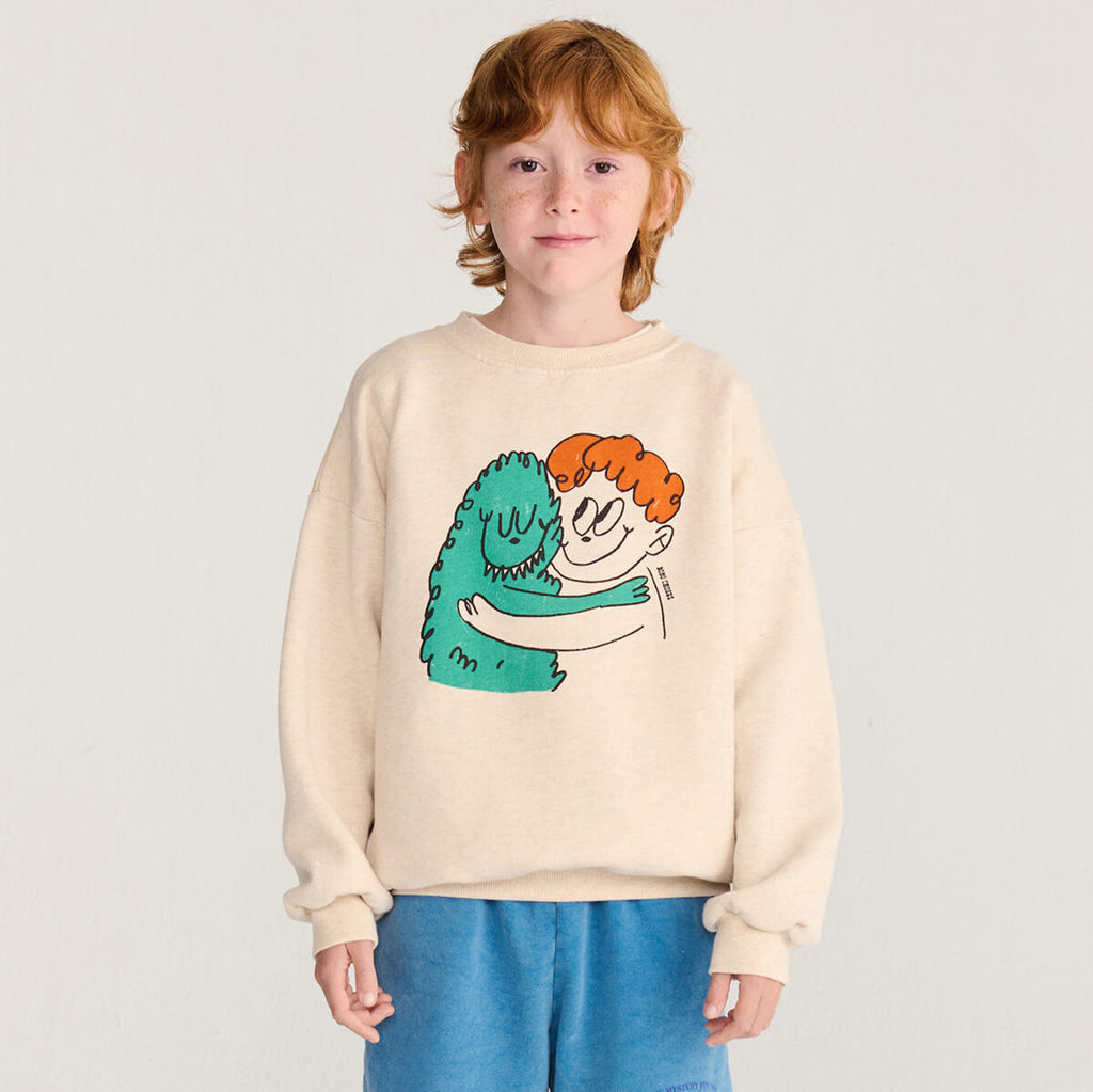 Sweat-shirt en coton décontracté avec monstre velu beige, bords-côtes et imprimé graphique douillet pour enfants de 1 à 13 ans