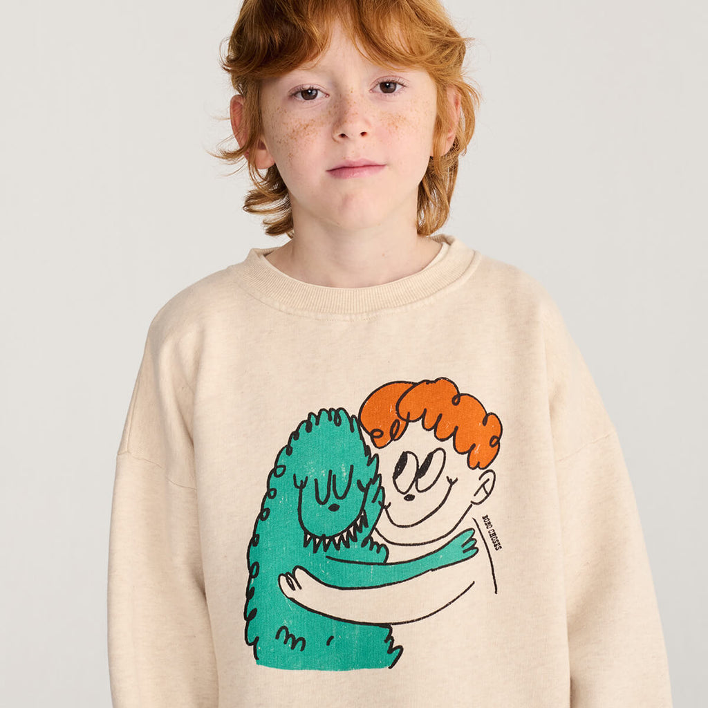 Sweat-shirt en coton décontracté avec monstre velu beige, bords-côtes et imprimé graphique douillet pour enfants de 1 à 13 ans