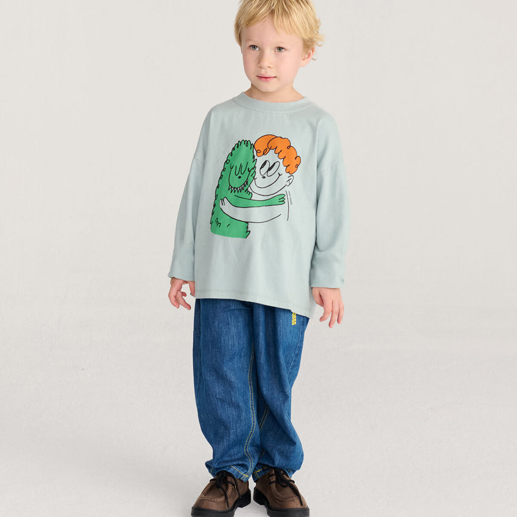 T-shirt à manches longues en coton bio, coupe décontractée, avec monstre poilu bleu clair, col rond et grand imprimé pour enfants de 1 à 13 ans
