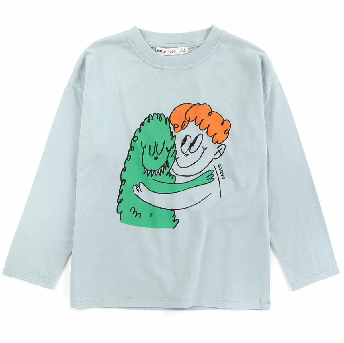T-shirt à manches longues en coton bio, coupe décontractée, avec monstre poilu bleu clair, col rond et grand imprimé pour enfants de 1 à 13 ans