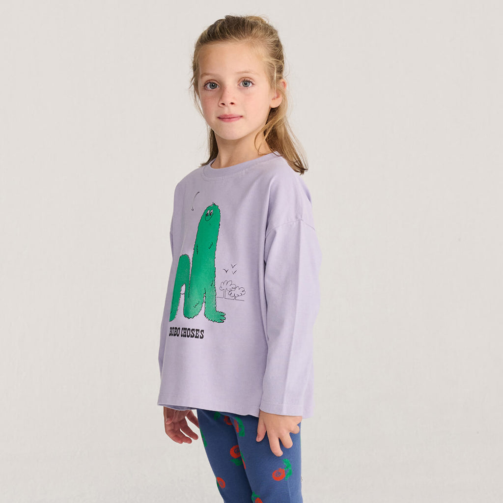 T-shirt à manches longues en coton biologique à col rond et imprimé graphique lavande décontracté pour enfants de 1 à 13 ans