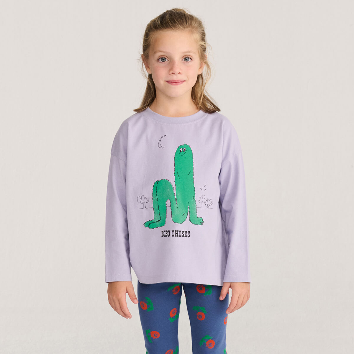 T-shirt à manches longues en coton biologique à col rond et imprimé graphique lavande décontracté pour enfants de 1 à 13 ans