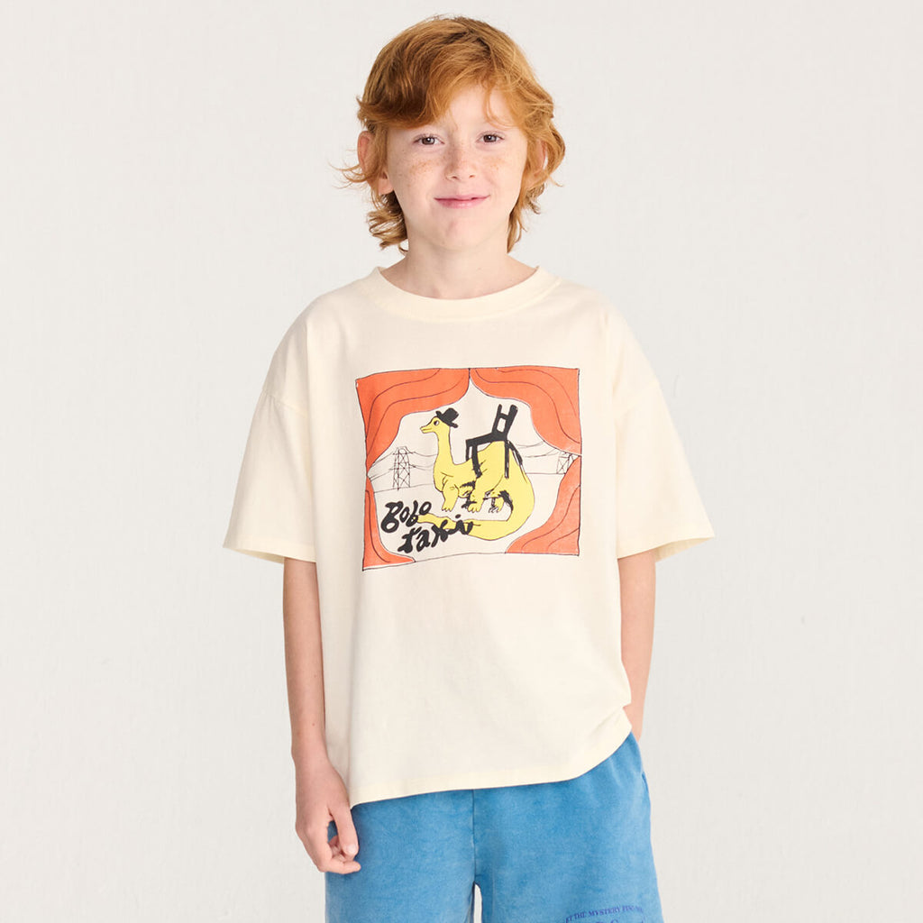 T-shirt décontracté à manches courtes en coton biologique, couleur blanc cassé, avec col rond et imprimé poitrine Taxi Saurus, pour enfants de 1 à 13 ans