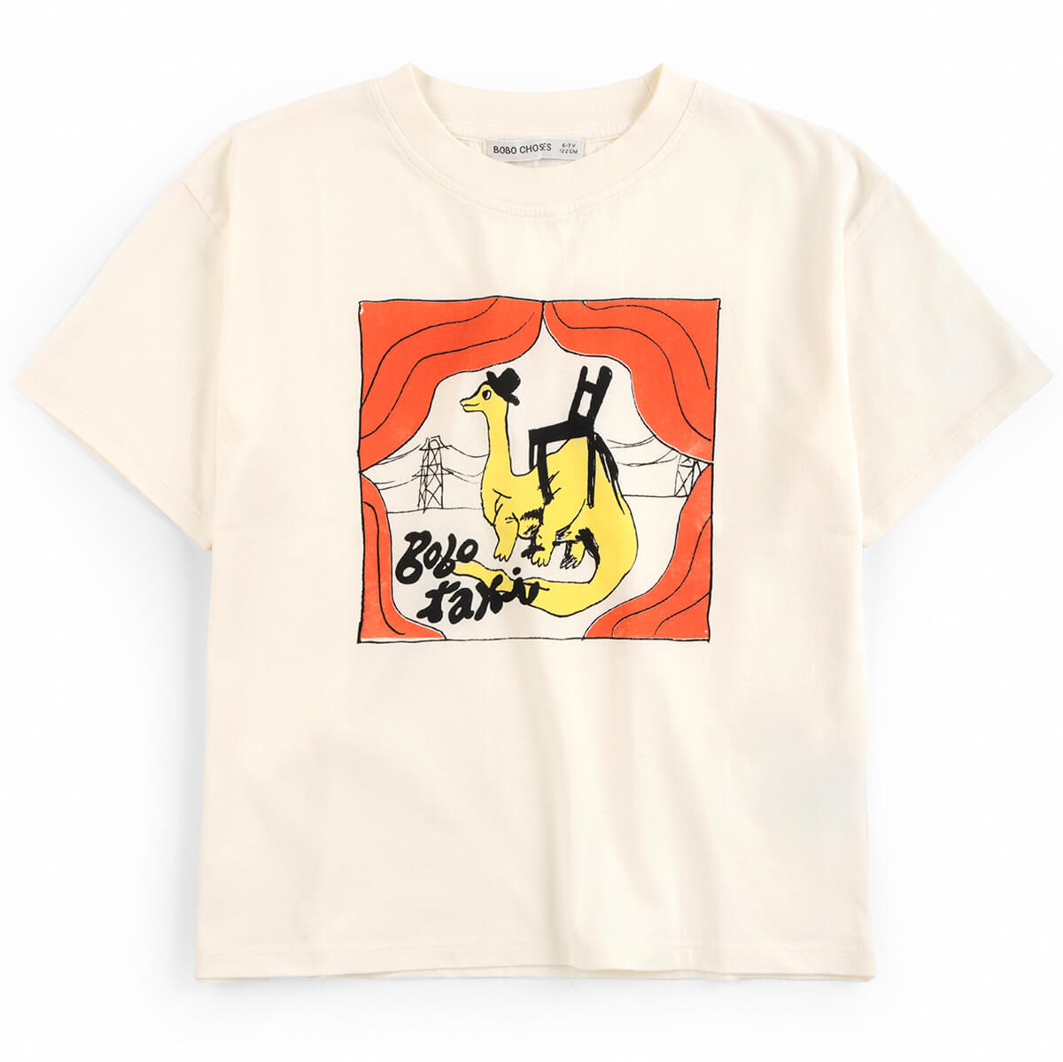 T-shirt décontracté à manches courtes en coton biologique, couleur blanc cassé, avec col rond et imprimé poitrine Taxi Saurus, pour enfants de 1 à 13 ans