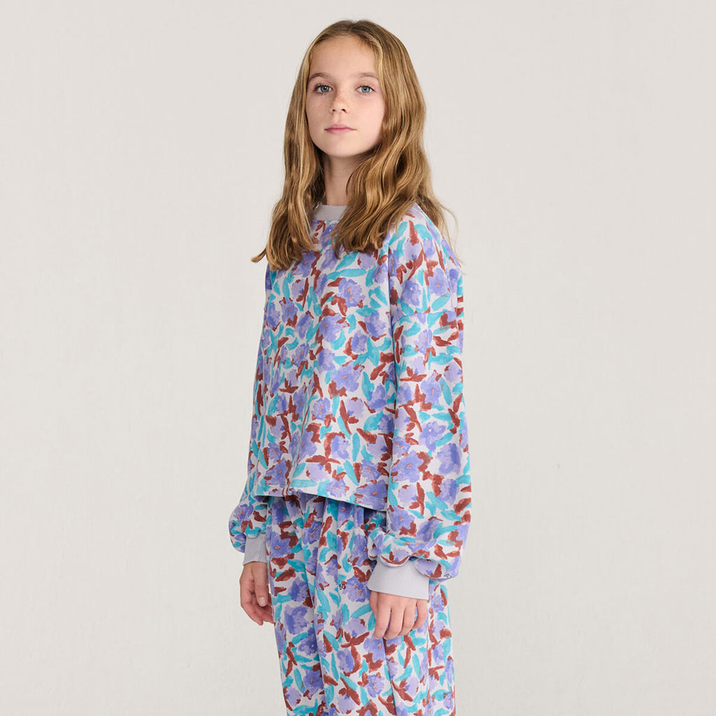 Sweat-shirt court en coton biologique à imprimé lavande décontracté, avec encolure contrastante côtelée, pour enfants de 1 à 13 ans