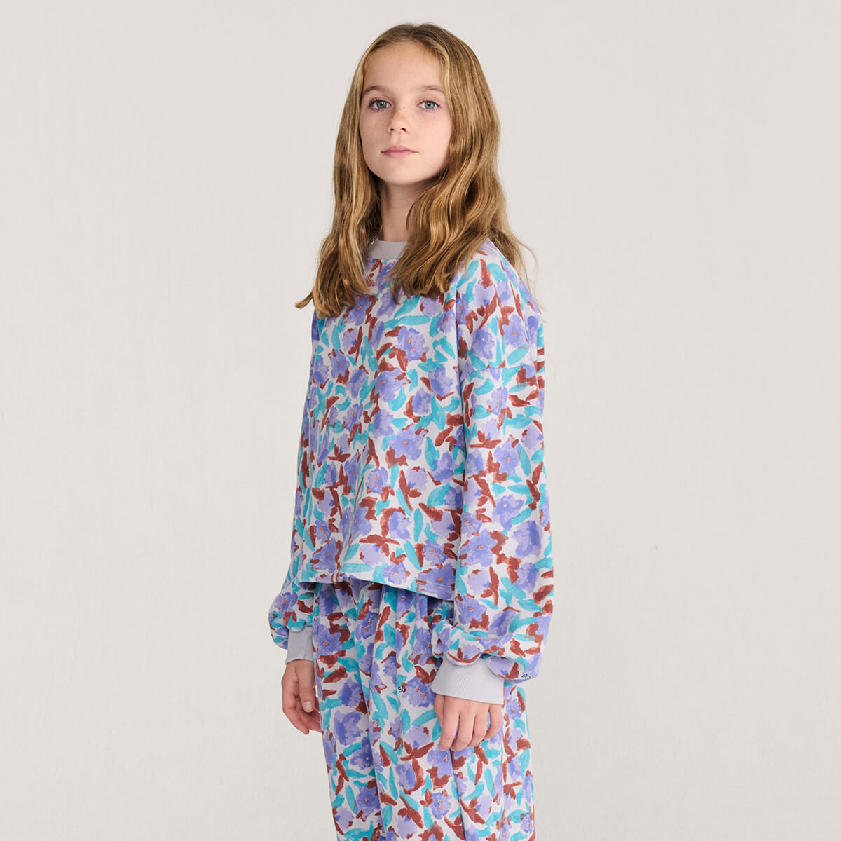 Sweat-shirt court en coton biologique à imprimé lavande décontracté, avec encolure contrastante côtelée, pour enfants de 1 à 13 ans