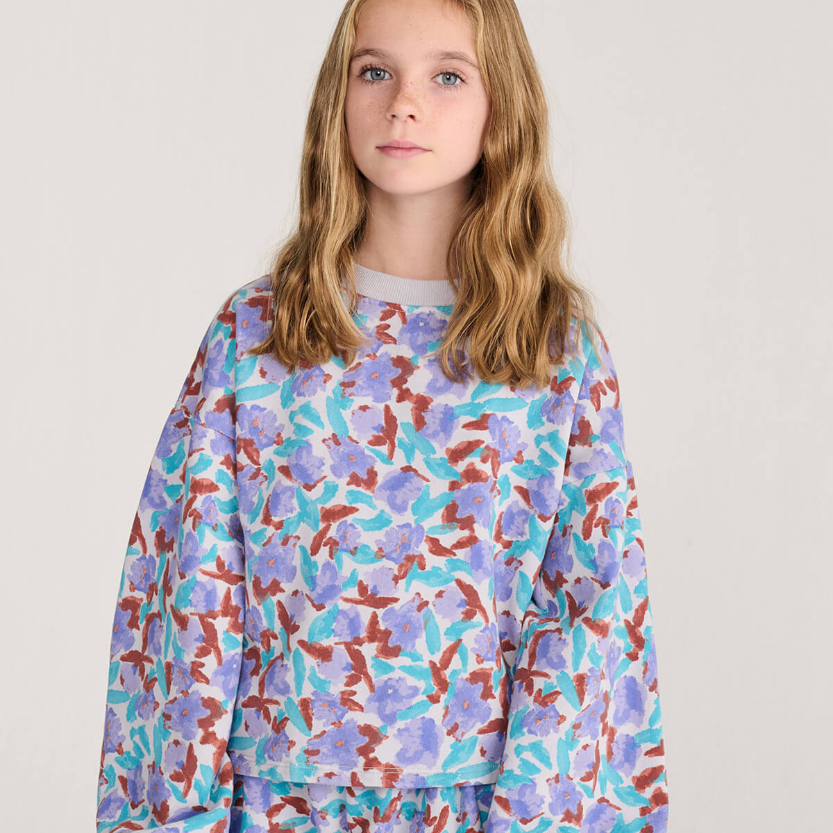 Sweat-shirt court en coton biologique à imprimé lavande décontracté, avec encolure contrastante côtelée, pour enfants de 1 à 13 ans