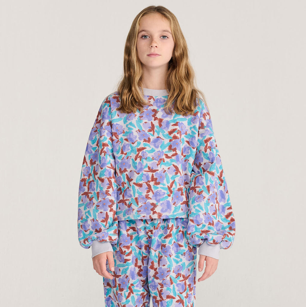 Sweat-shirt court en coton biologique à imprimé lavande décontracté, avec encolure contrastante côtelée, pour enfants de 1 à 13 ans