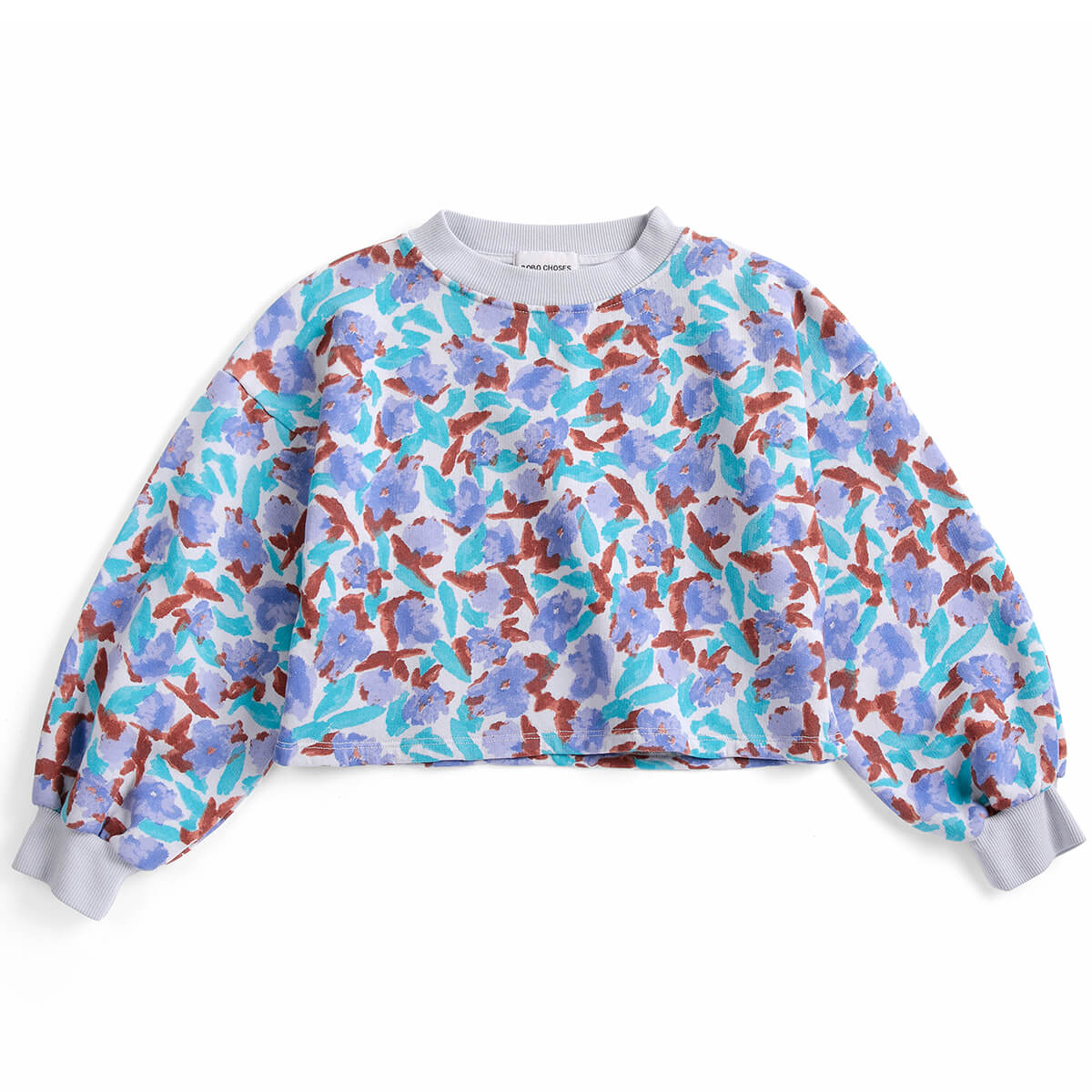 Sweat-shirt court en coton biologique à imprimé lavande décontracté, avec encolure contrastante côtelée, pour enfants de 1 à 13 ans