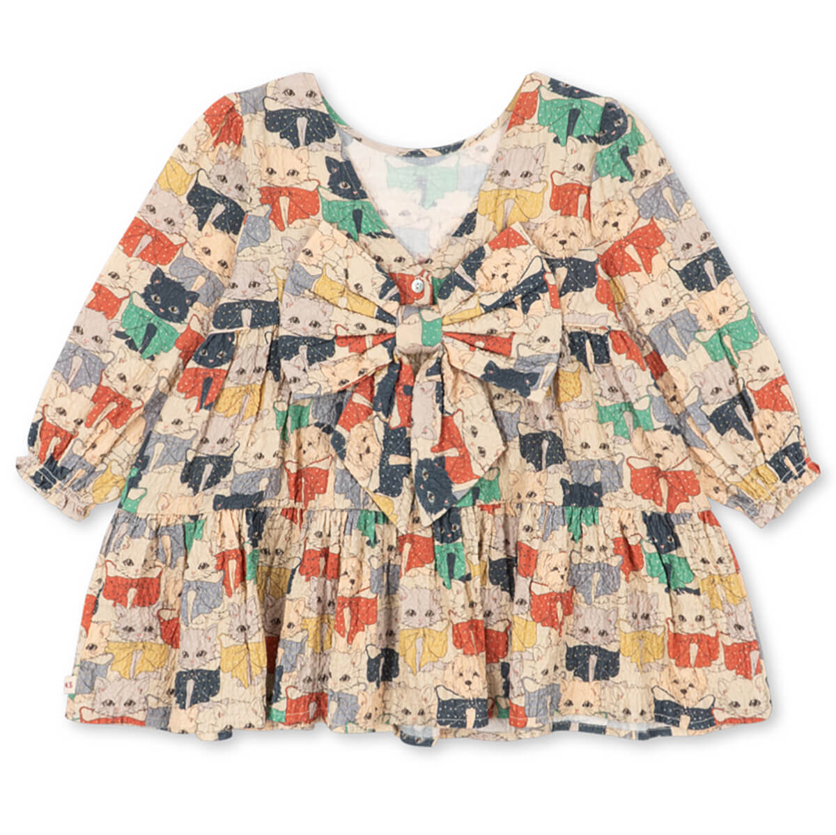 Robe à Nœud en Coton Bio avec Manches Volumineuses et Détails à Volants pour Enfants de 2 à 8 Ans – Thème "Comme Chiens et Chats"