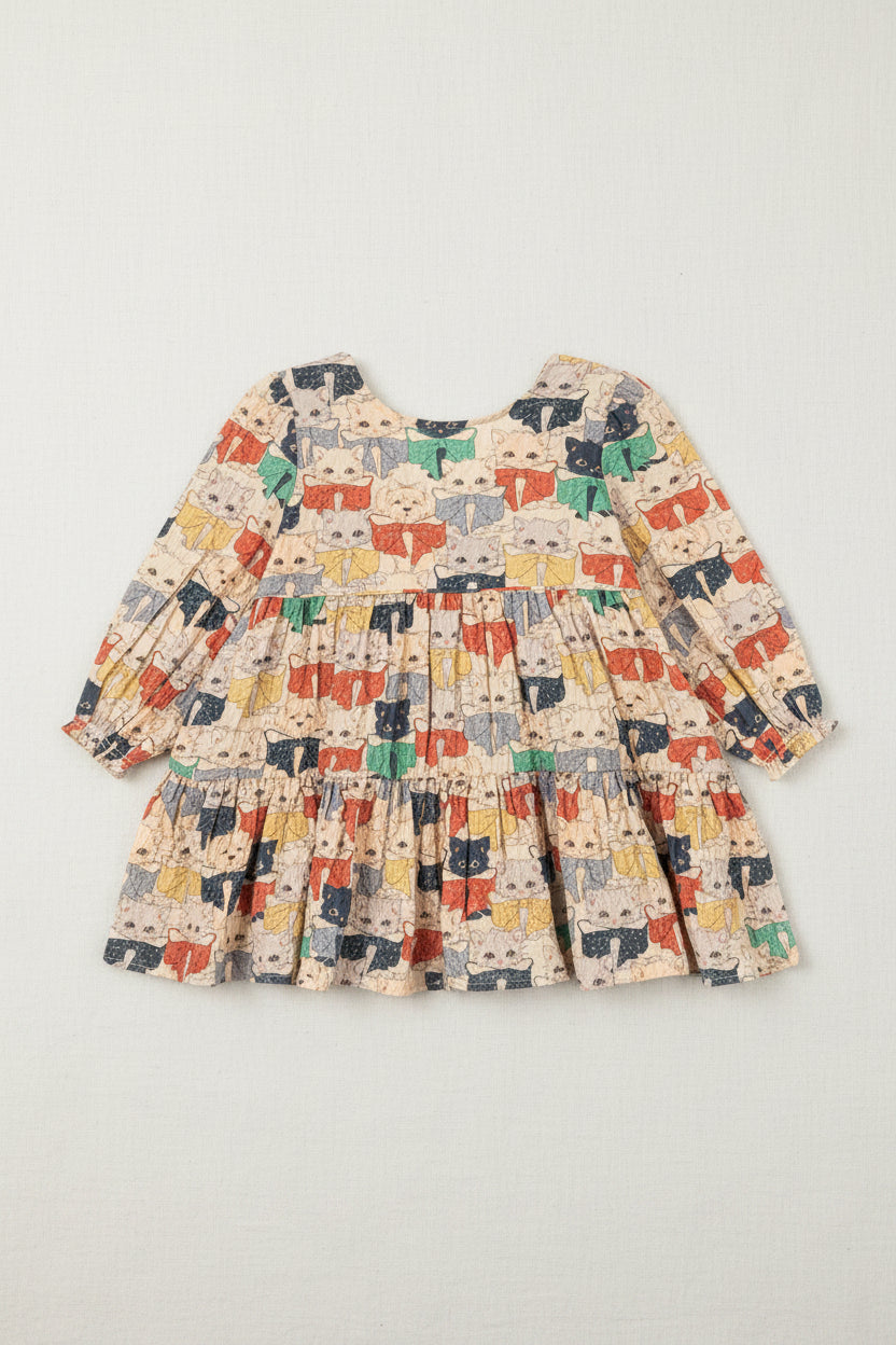 Robe à Nœud en Coton Bio avec Manches Volumineuses et Détails à Volants pour Enfants de 2 à 8 Ans – Thème "Comme Chiens et Chats"