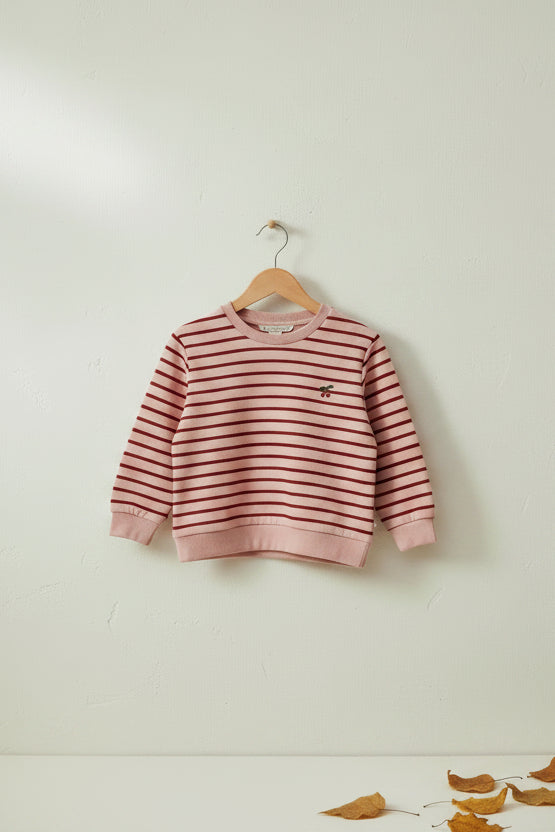 Sweat-shirt ras du cou en coton biologique à rayures, avec épaules tombantes et texture brossée, pour enfants de 1 à 11 ans
