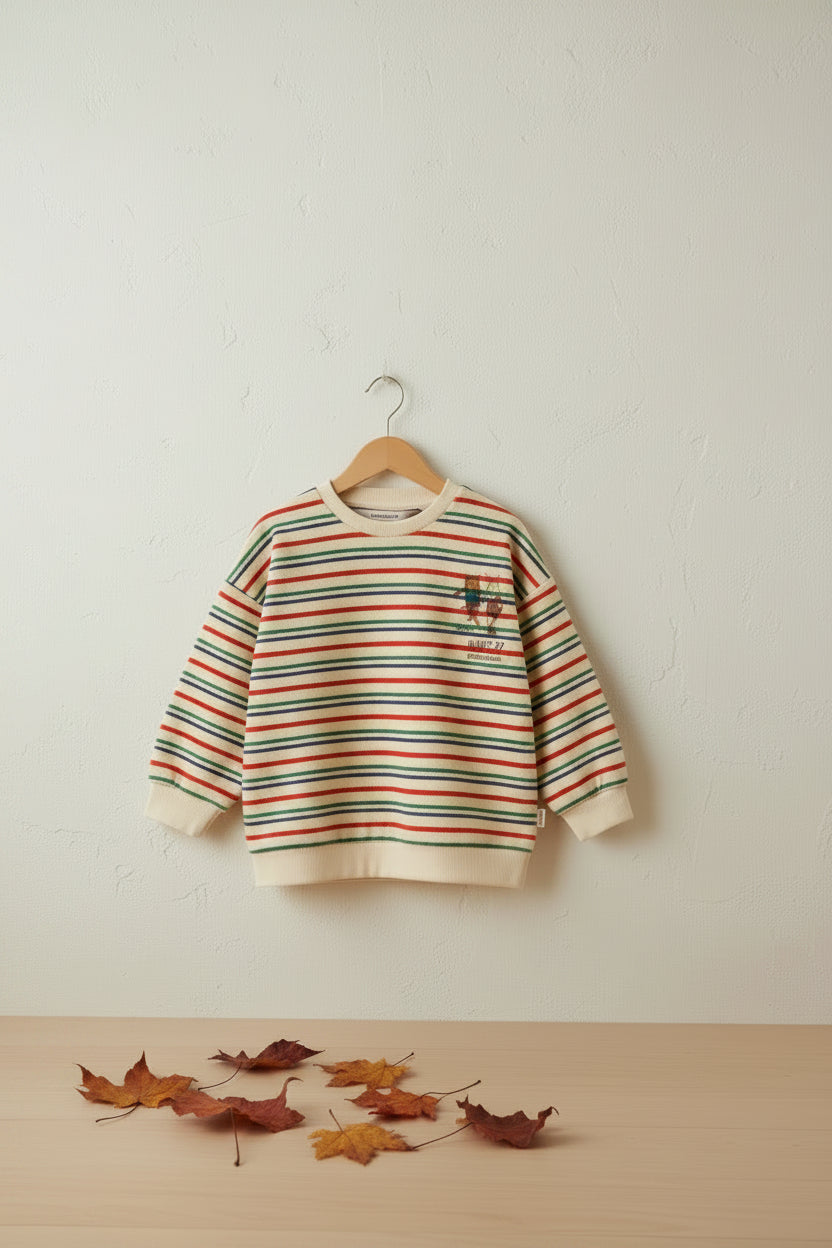 Sweat-shirt ras du cou en coton biologique rayé avec épaules tombantes et toucher brossé pour enfants de 1 à 11 ans