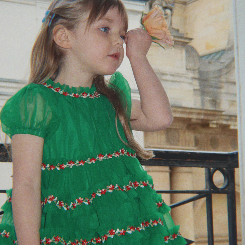 Robe en tulle de polyamide à fleurs de jardin romantique et formel avec manches bouffantes et appliqués de fleurs pour enfants de 2 à 8 ans
