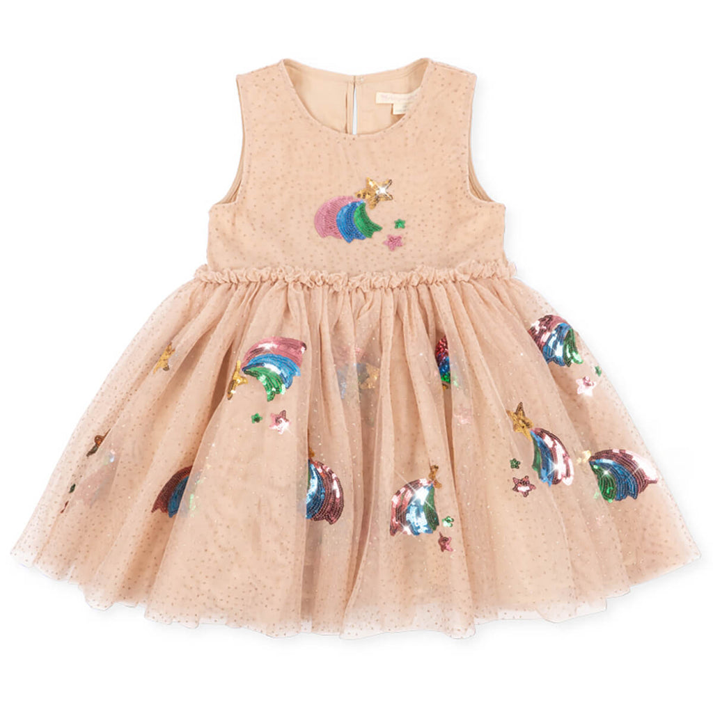 Robe Festive en Tulle Pailleté Étoiles Arc-en-Ciel à Effet Scintillant et Bouton Nacre pour Enfants de 2 à 8 Ans
