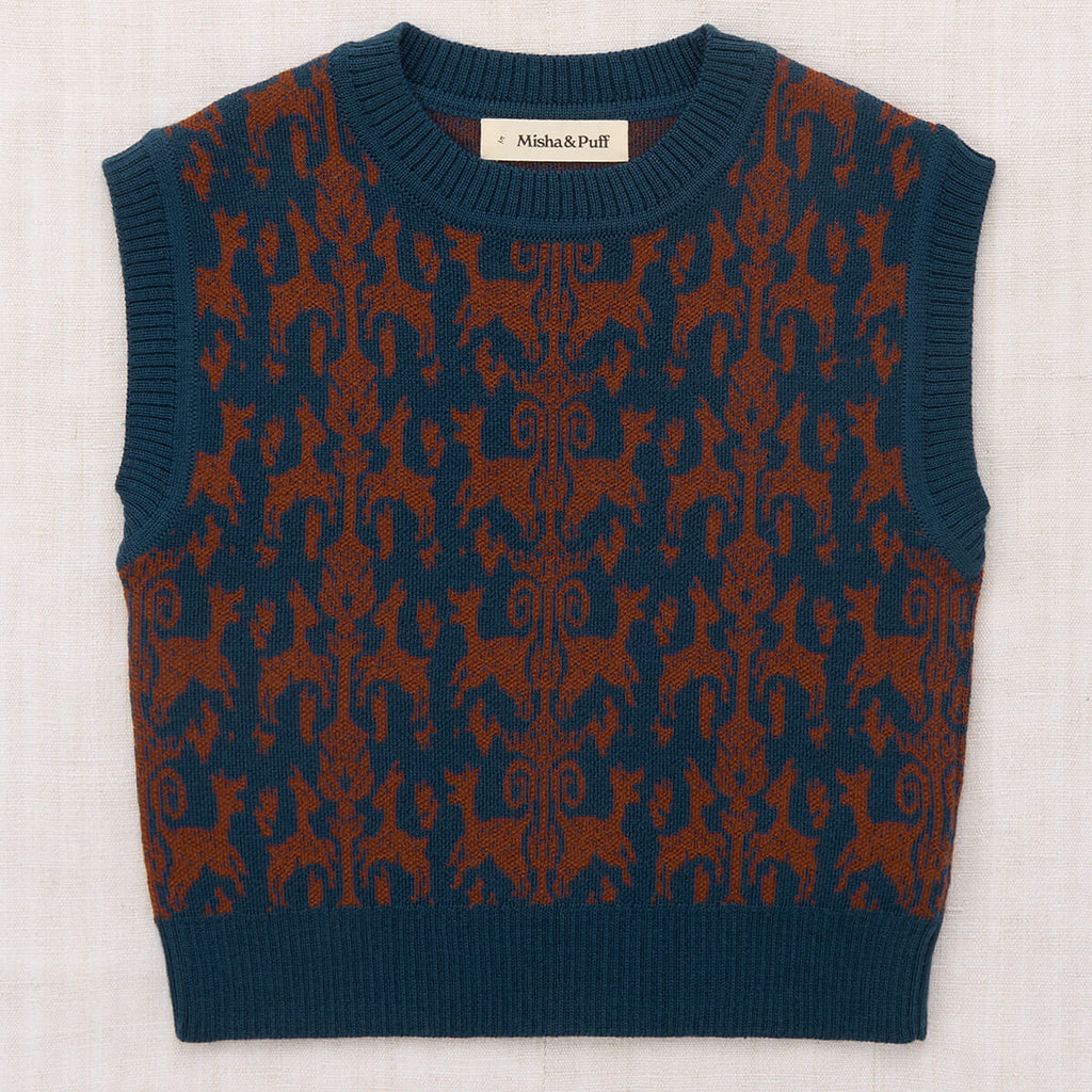 Débardeur en jacquard de laine mérinos bleu marine classique à motif de faune et à bordures côtelées pour enfants de 2 à 8 ans
