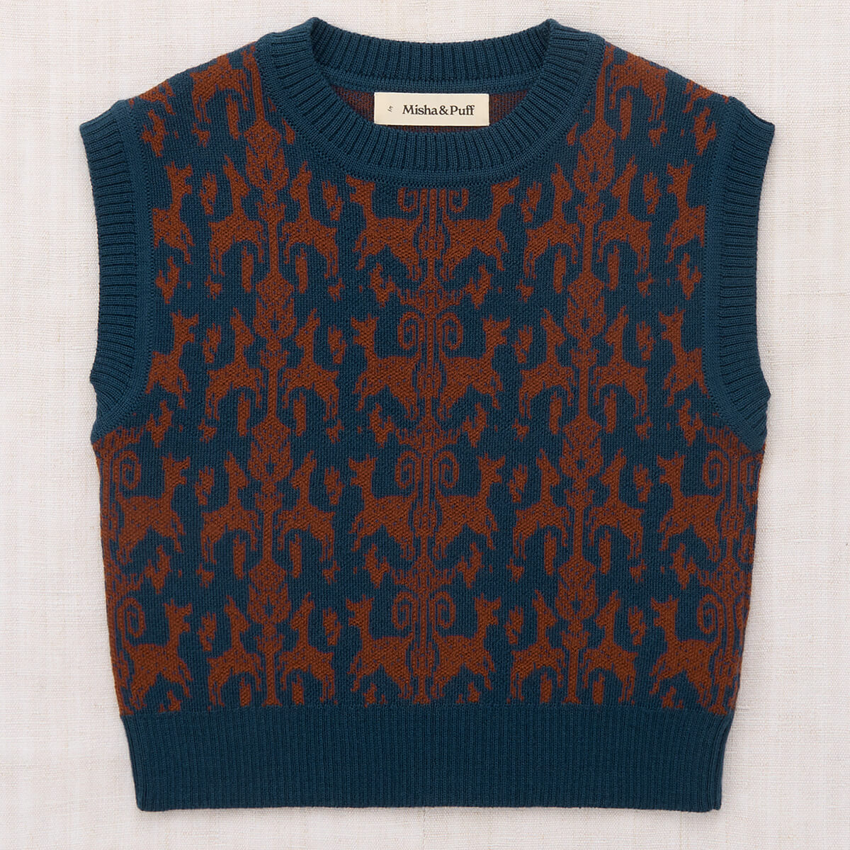 Débardeur en jacquard de laine mérinos bleu marine classique à motif de faune et à bordures côtelées pour enfants de 2 à 8 ans