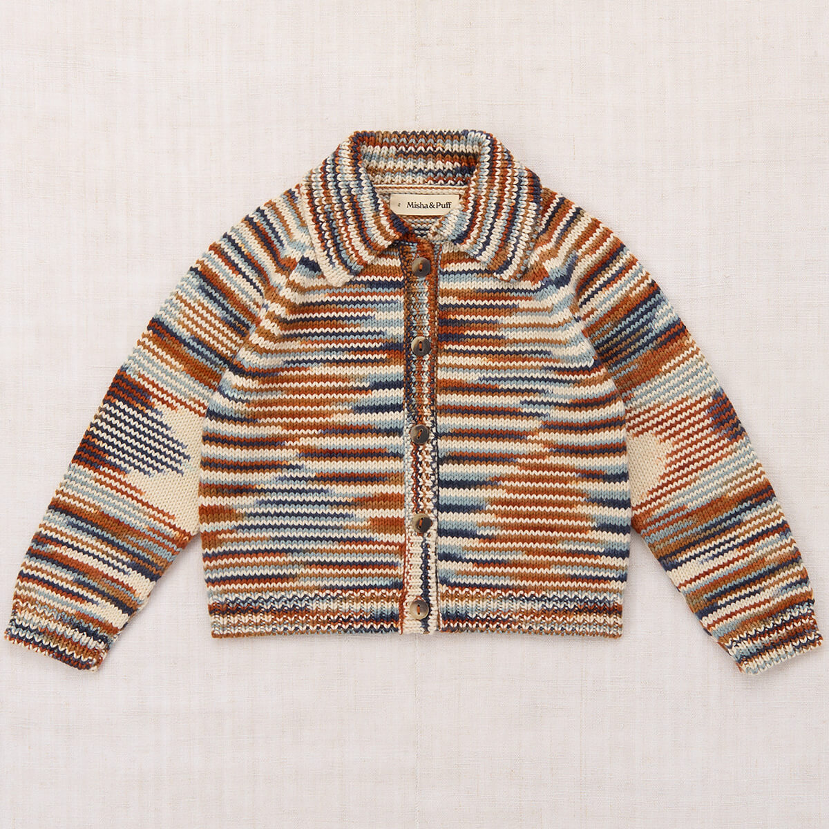 Cardigan en mérinos chiné vintage avec col pointu et boutons en corne pour enfants de 2 à 11 ans