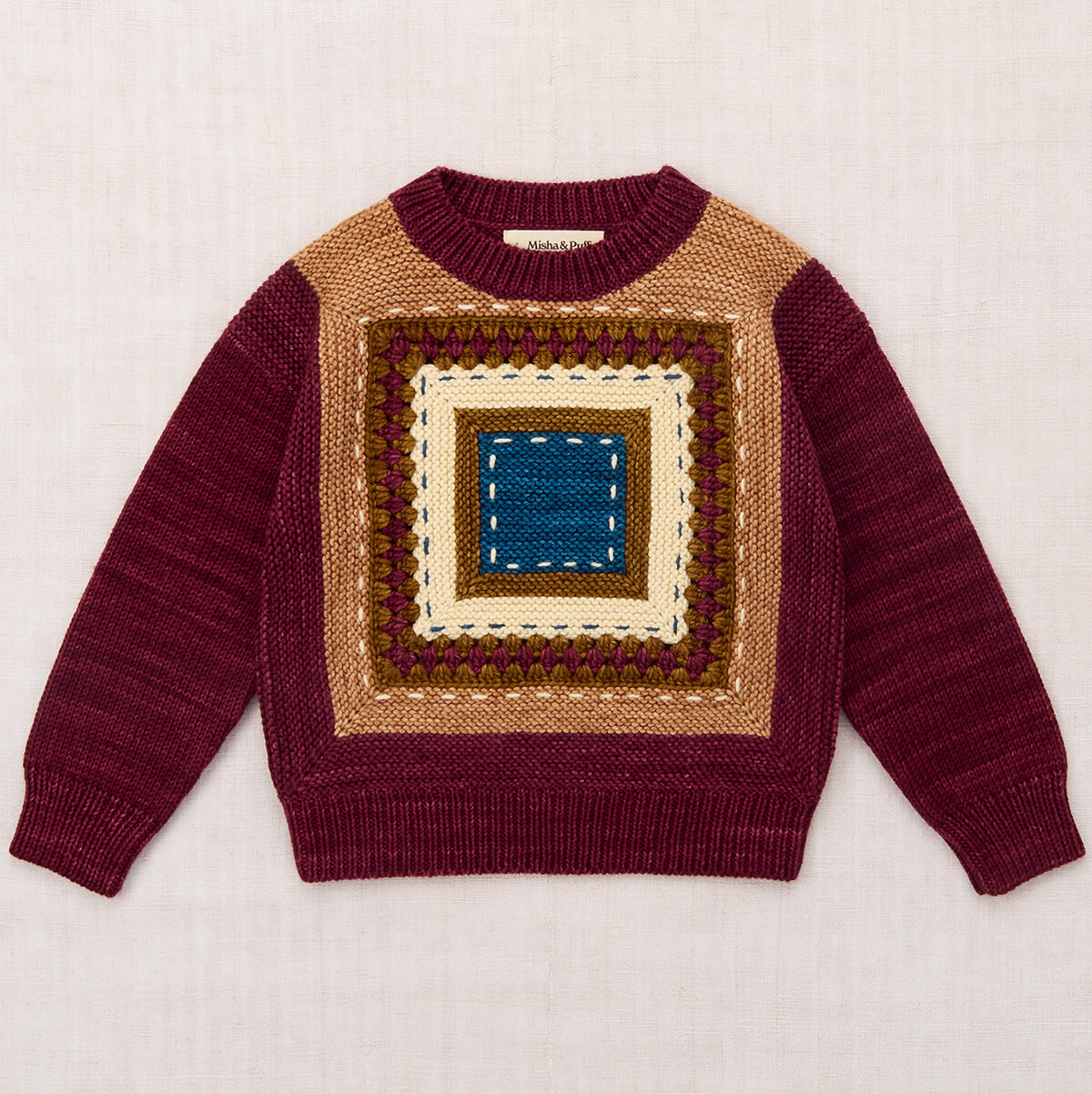 Pull ras du cou en laine mérinos géométrique Ivy League Cambridge avec épaules tombantes et ourlet côtelé pour enfants de 3 à 11 ans