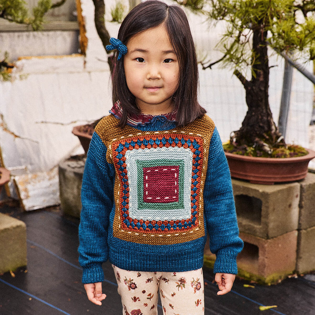 Pull ras-du-cou Ivy League en laine mérinos bleu marine et motifs géométriques, tricoté main au crochet sur le devant, pour enfants de 3 à 11 ans