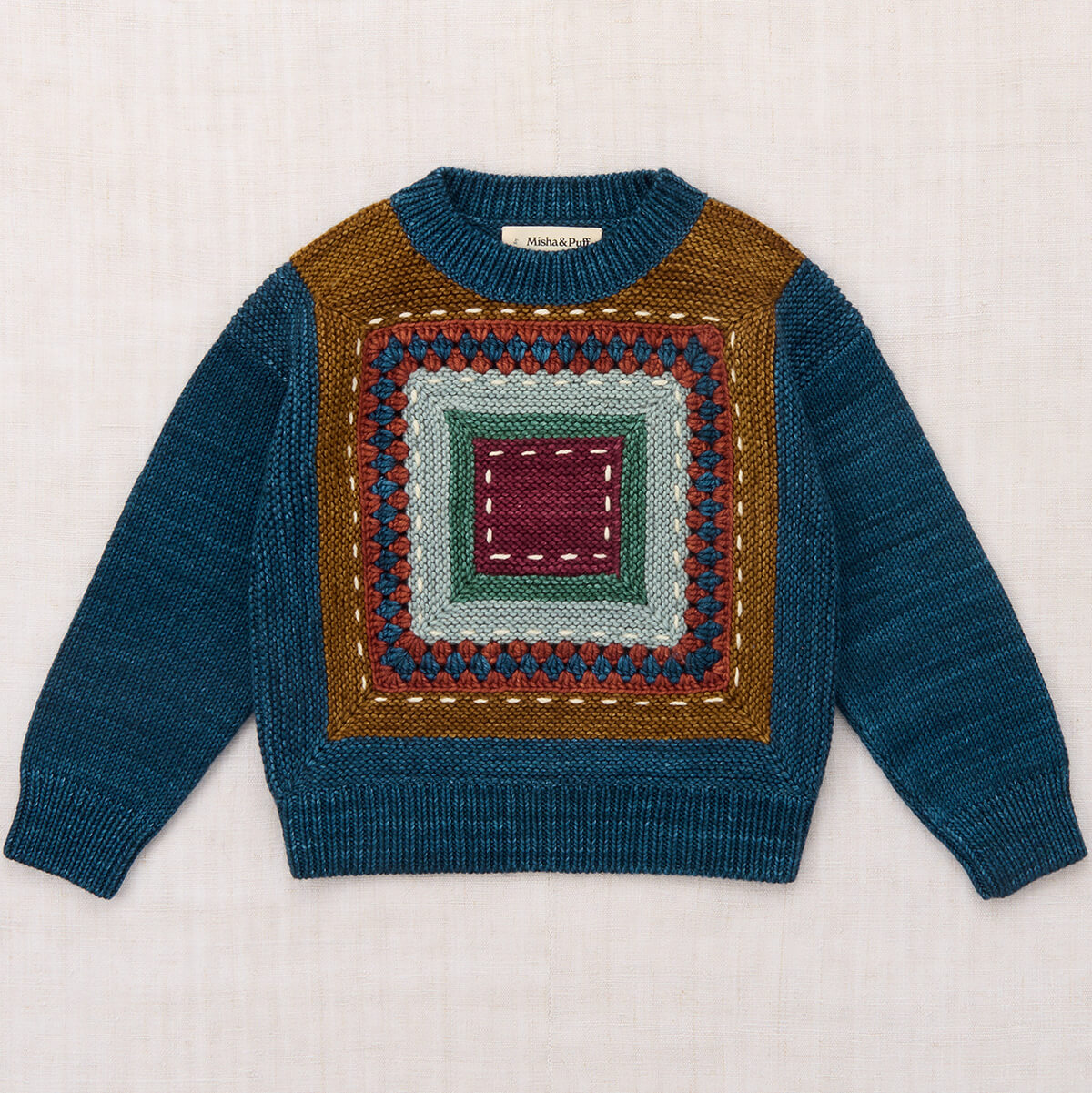 Pull ras-du-cou Ivy League en laine mérinos bleu marine et motifs géométriques, tricoté main au crochet sur le devant, pour enfants de 3 à 11 ans