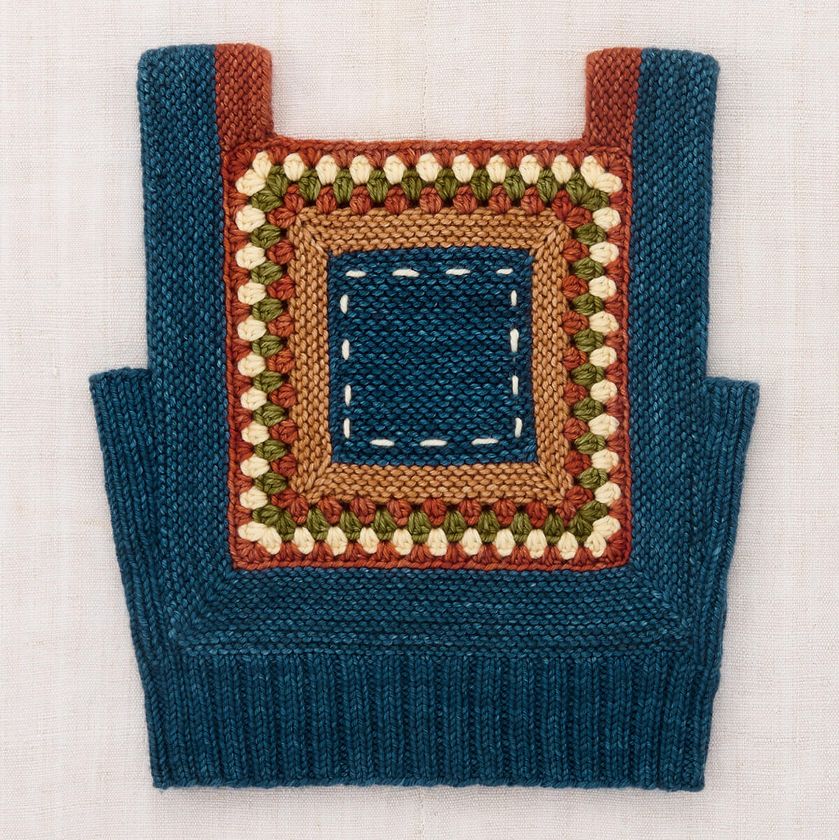 Gilet débardeur en mérinos géométrique bleu marine vintage tricoté à la main avec motif au crochet pour enfants de 2 à 11 ans