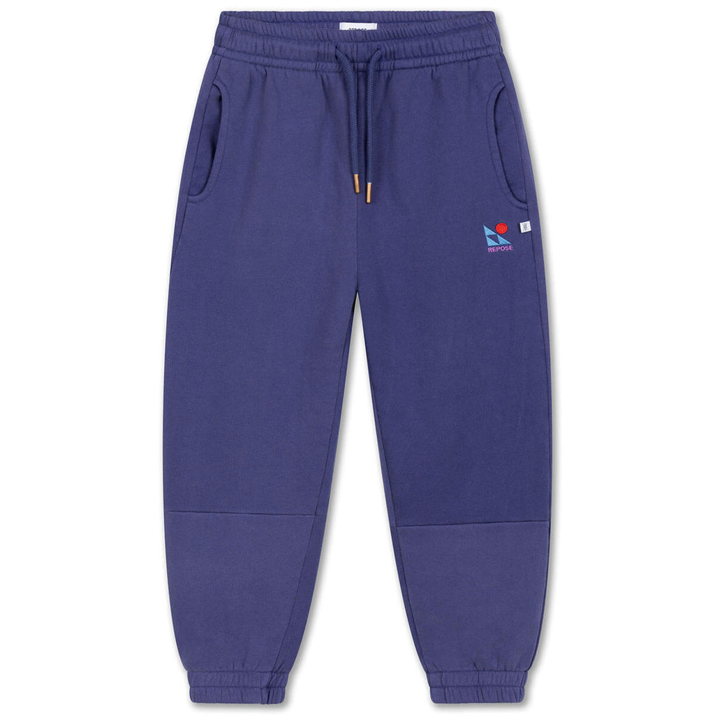 Pantalon de jogging sportif enfant en coton biologique bleu éclipse avec détails coupés-cousus et taille élastiquée, 2-14 ans