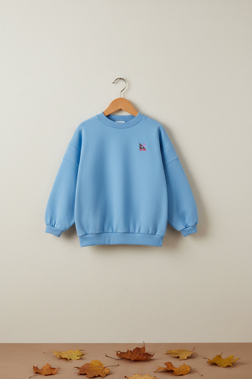 Sweat-shirt ras du cou classique en coton biologique bleu brumeux avec empiècement aux épaules et coupe décontractée intemporelle pour enfants de 2 à 14 ans