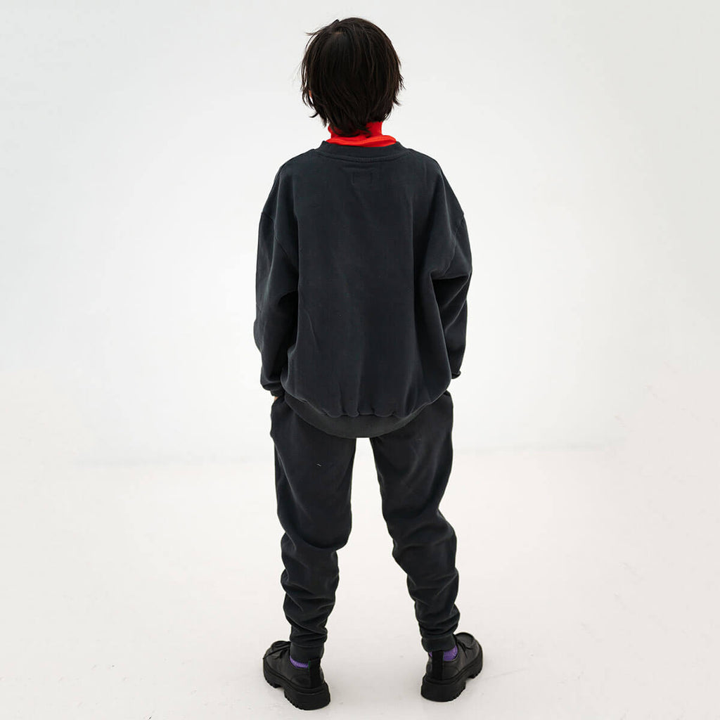 Jogging à plis nervurés en coton biologique noir Nuit sans lune classique pour enfant 2-14 ans, coupe slim