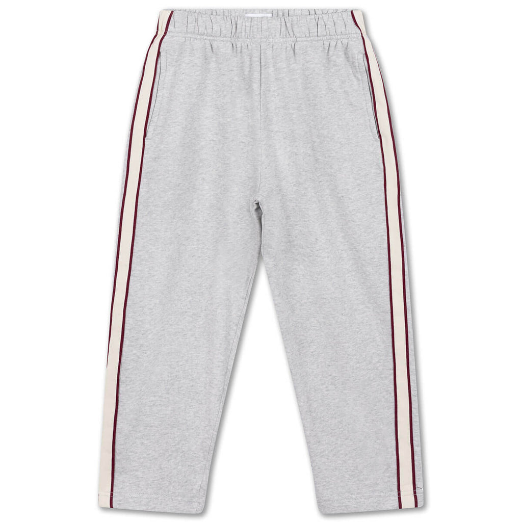 Pantalon de jogging ballon sportif gris clair chiné en coton biologique avec rayures latérales contrastantes et longueur 7/8 pour enfants de 2 à 14 ans