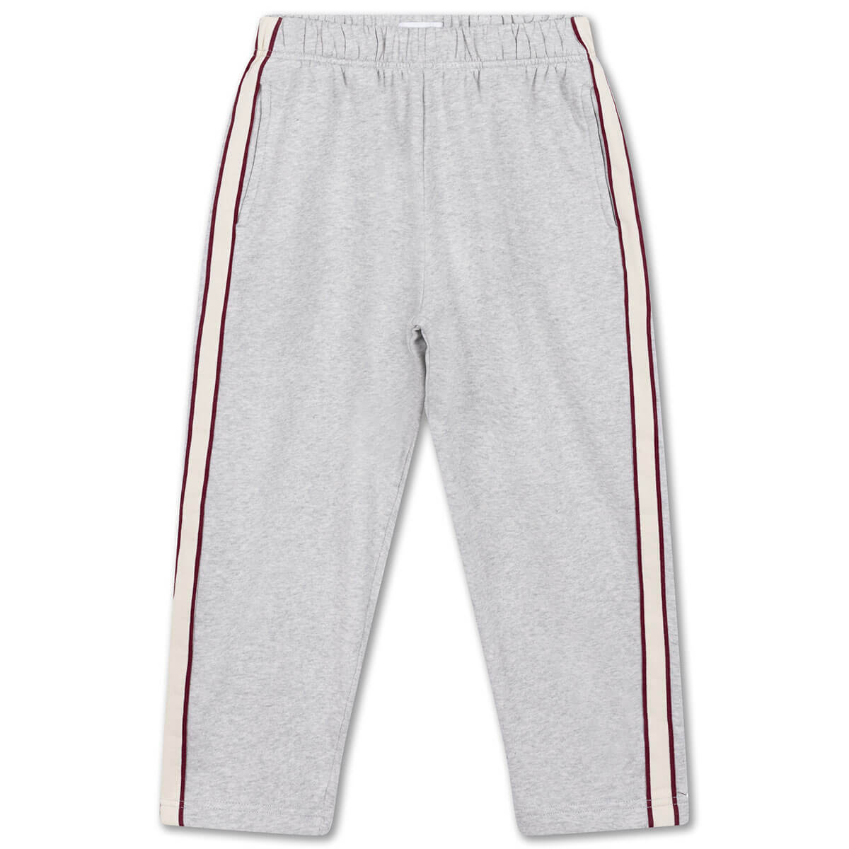 Pantalon de jogging ballon sportif gris clair chiné en coton biologique avec rayures latérales contrastantes et longueur 7/8 pour enfants de 2 à 14 ans