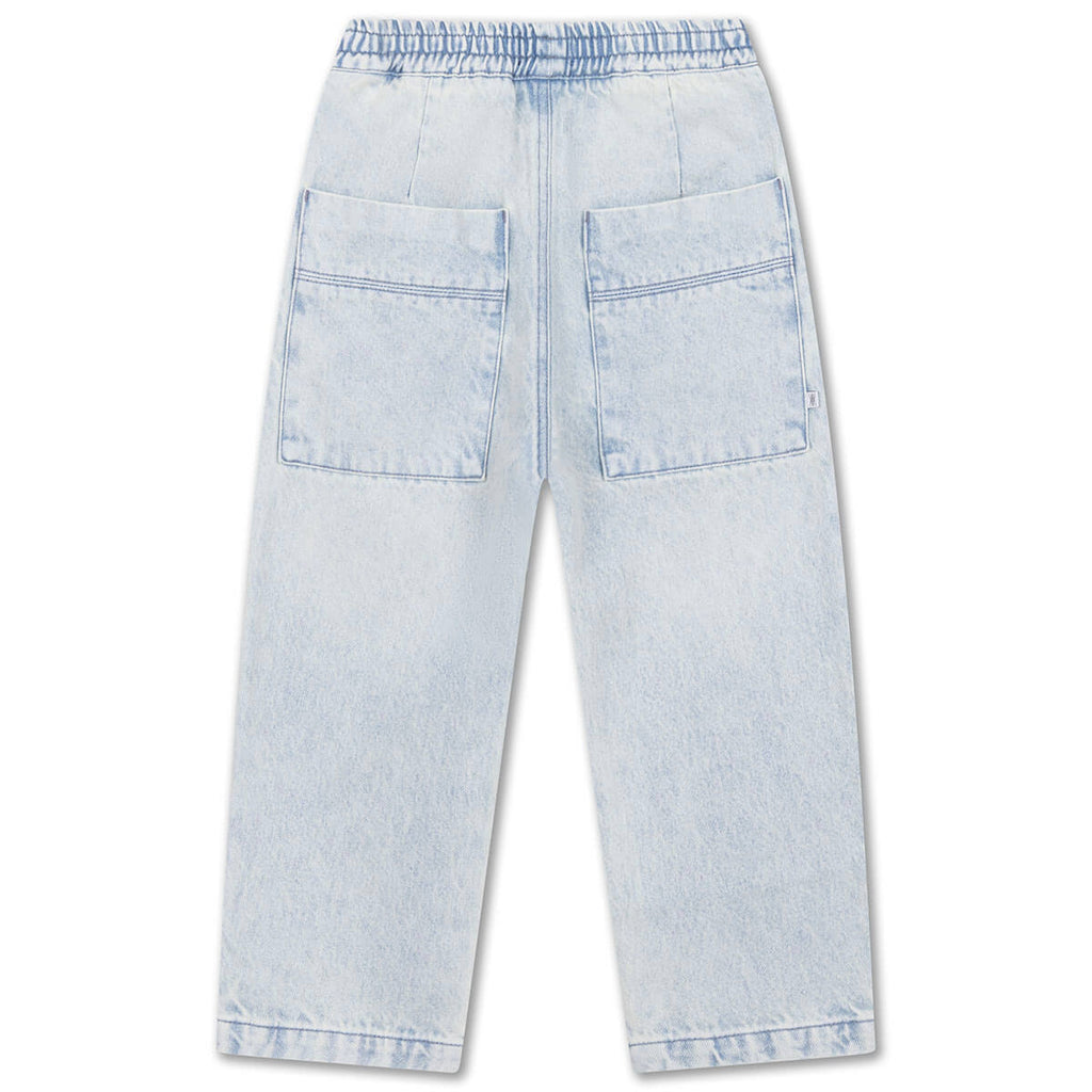 Pantalon en jean décontracté vintage bleu boue en coton biologique avec taille élastiquée et poches latérales pour enfants de 2 à 14 ans