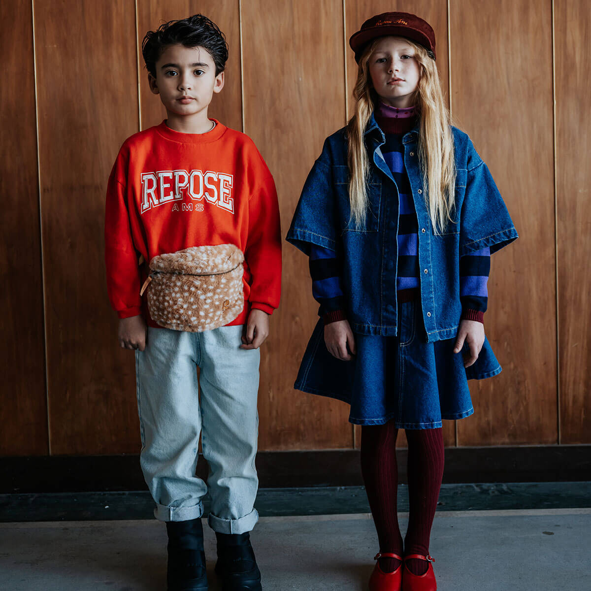 Pantalon en jean décontracté vintage bleu boue en coton biologique avec taille élastiquée et poches latérales pour enfants de 2 à 14 ans