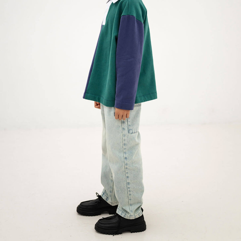 Pantalon en jean décontracté vintage bleu boue en coton biologique avec taille élastiquée et poches latérales pour enfants de 2 à 14 ans