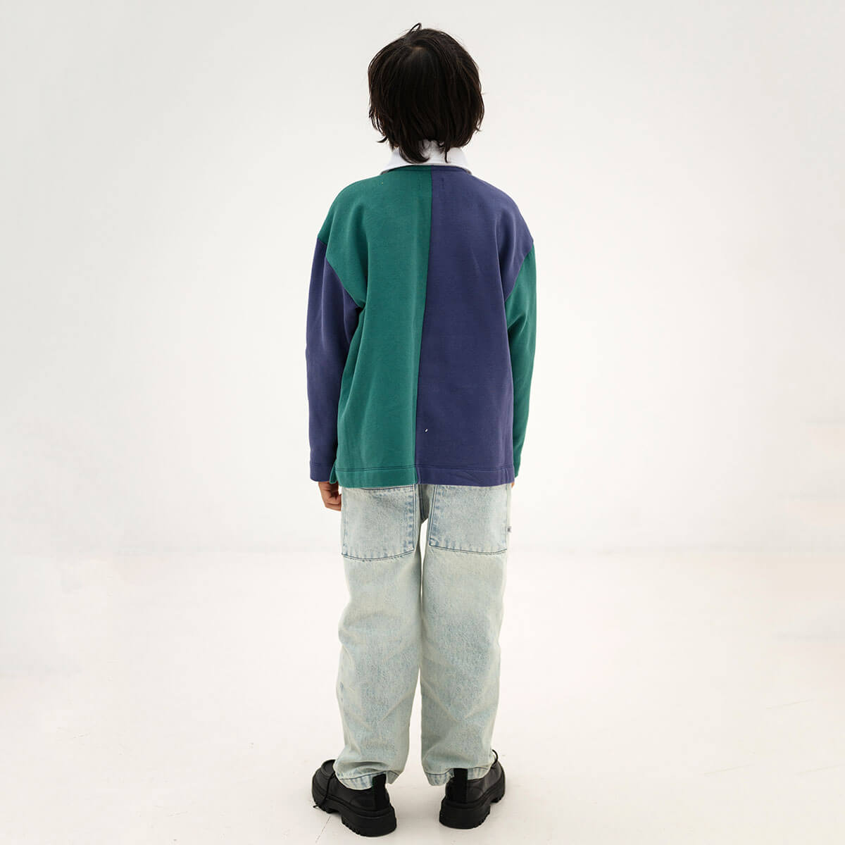 Pantalon en jean décontracté vintage bleu boue en coton biologique avec taille élastiquée et poches latérales pour enfants de 2 à 14 ans