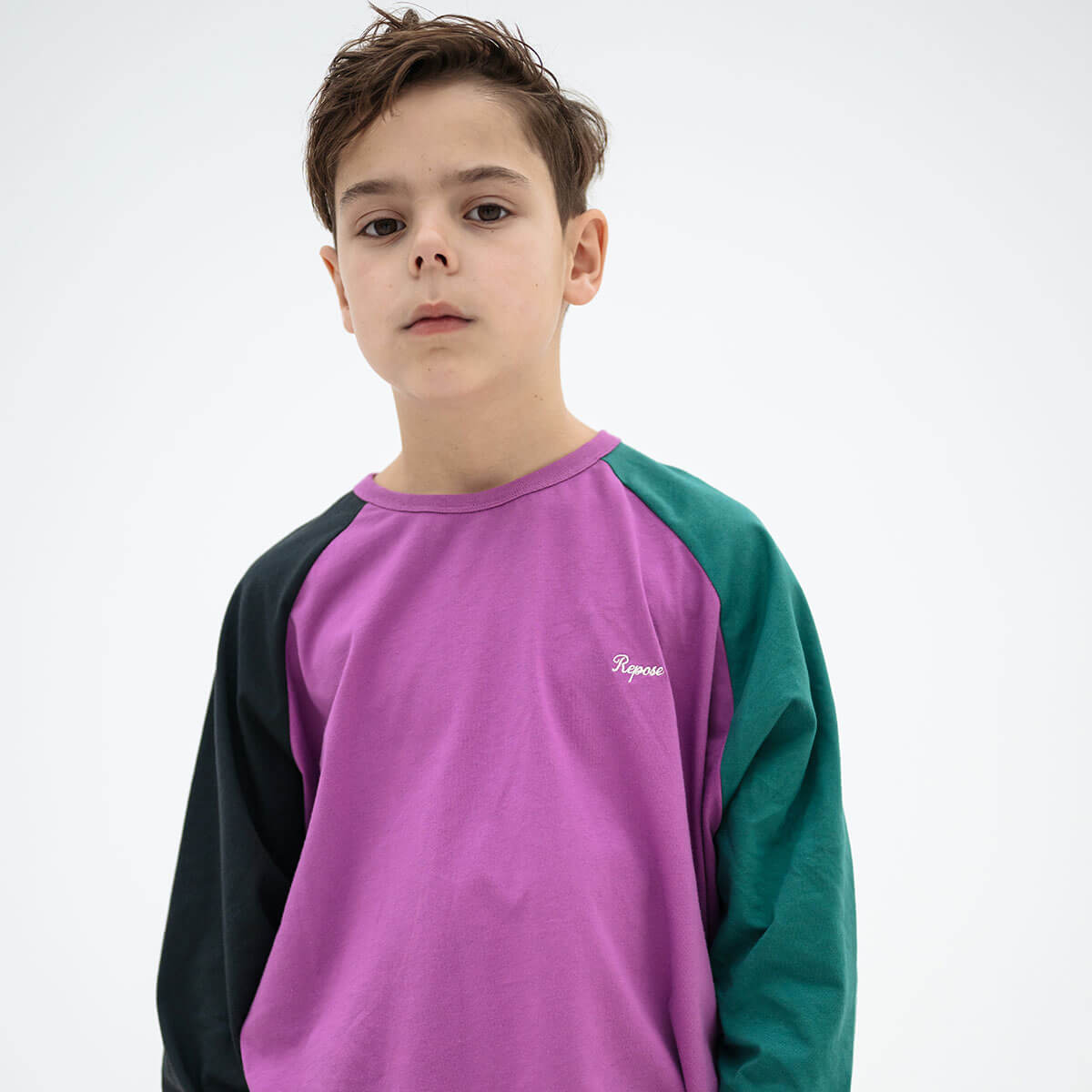 T-shirt ample à manches longues en coton biologique à blocs de couleurs pour enfants de 2 à 14 ans