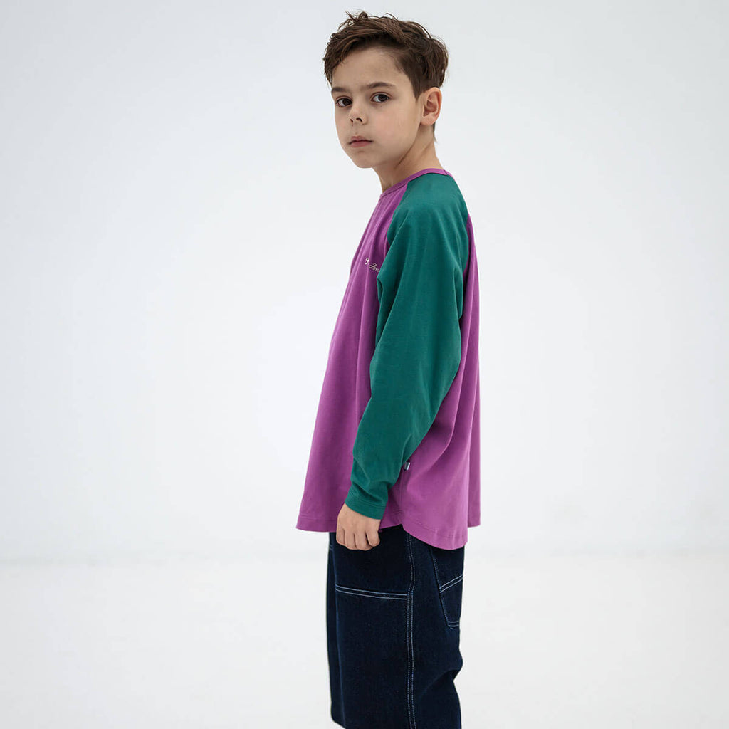 T-shirt ample à manches longues en coton biologique à blocs de couleurs pour enfants de 2 à 14 ans
