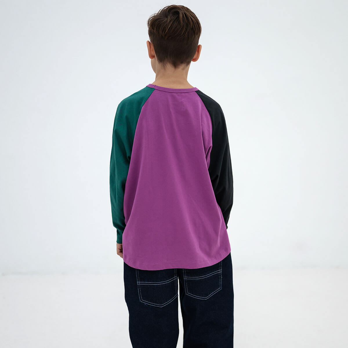 T-shirt ample à manches longues en coton biologique à blocs de couleurs pour enfants de 2 à 14 ans
