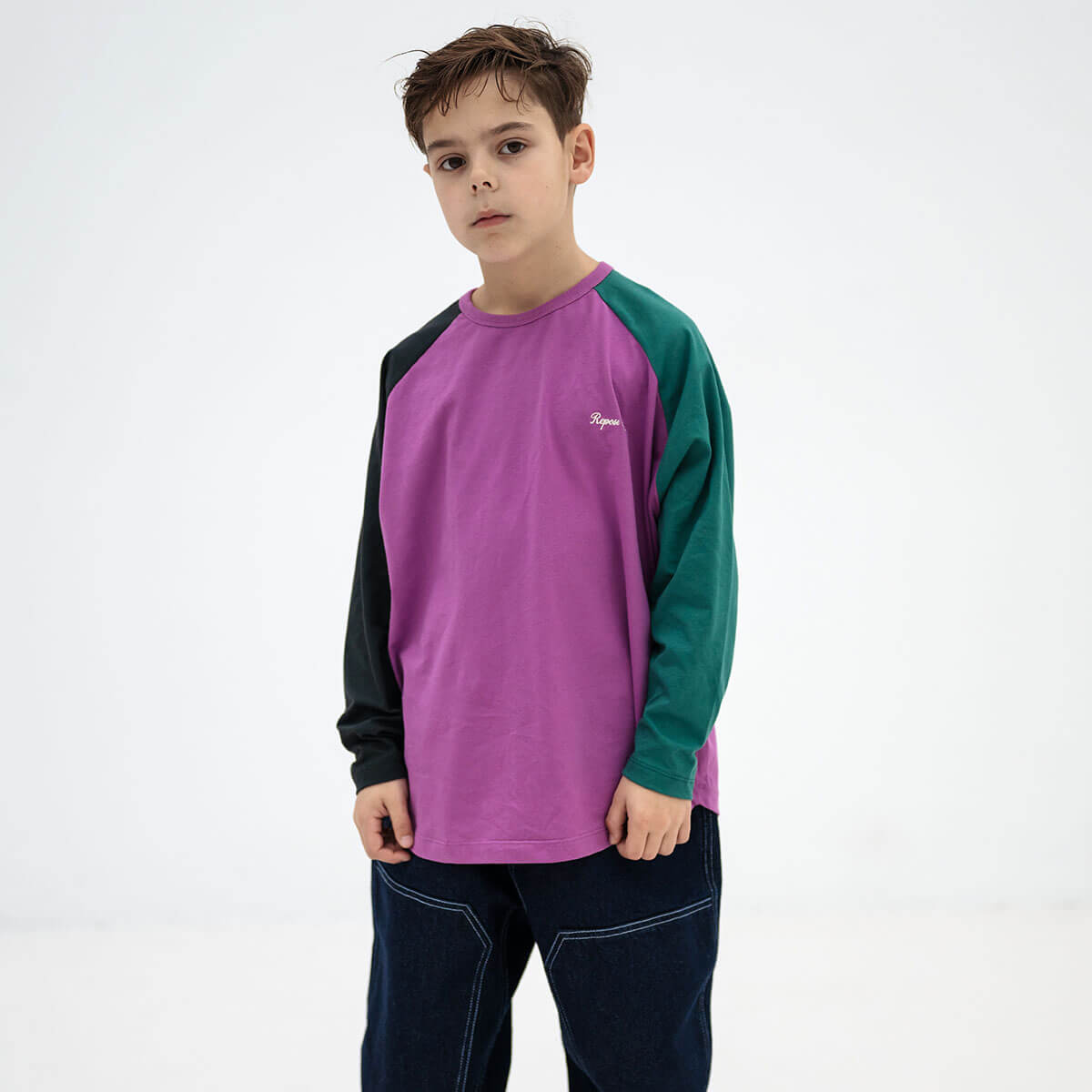 T-shirt ample à manches longues en coton biologique à blocs de couleurs pour enfants de 2 à 14 ans