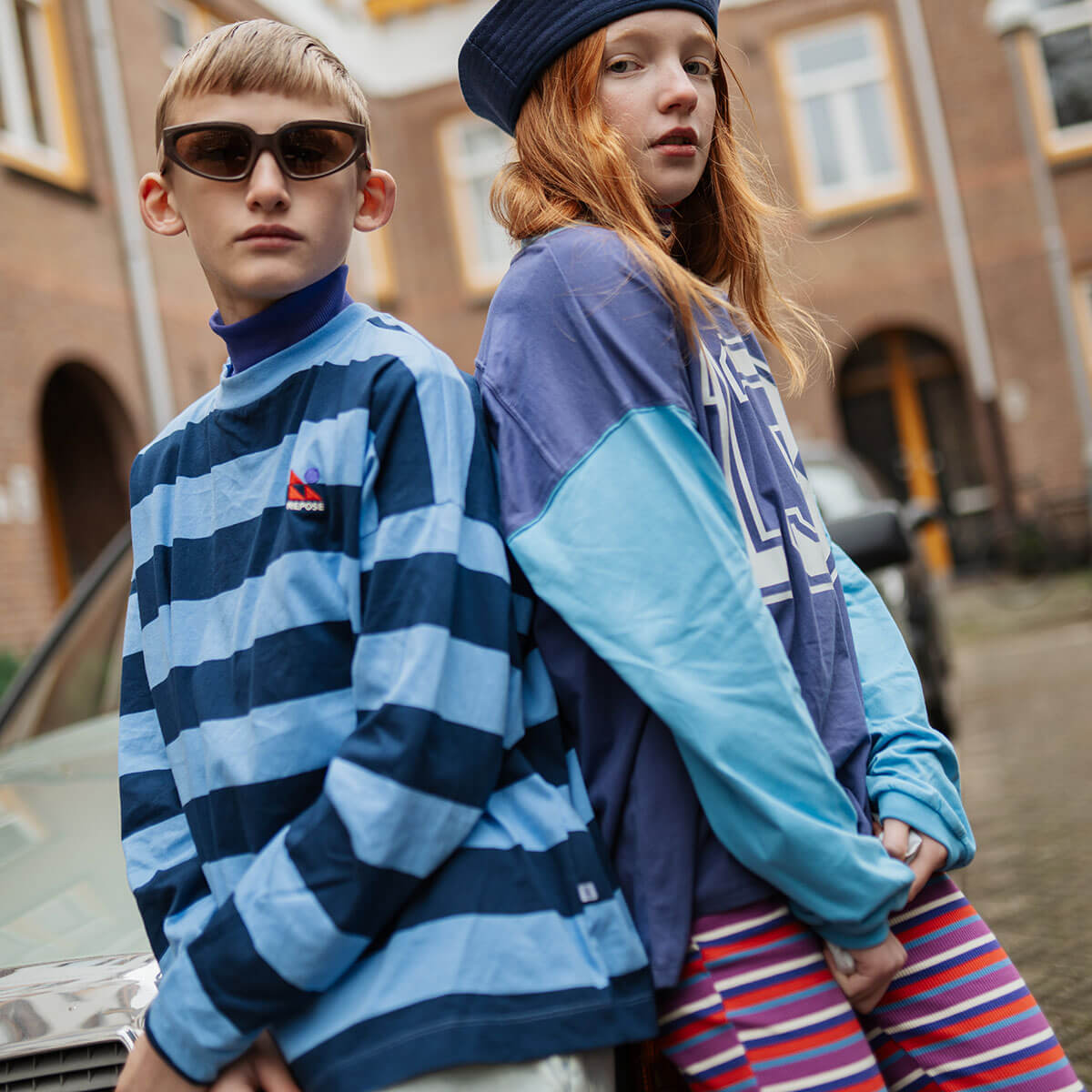 T-shirt à manches longues en coton biologique à rayures larges avec épaules tombantes pour enfants de 2 à 14 ans