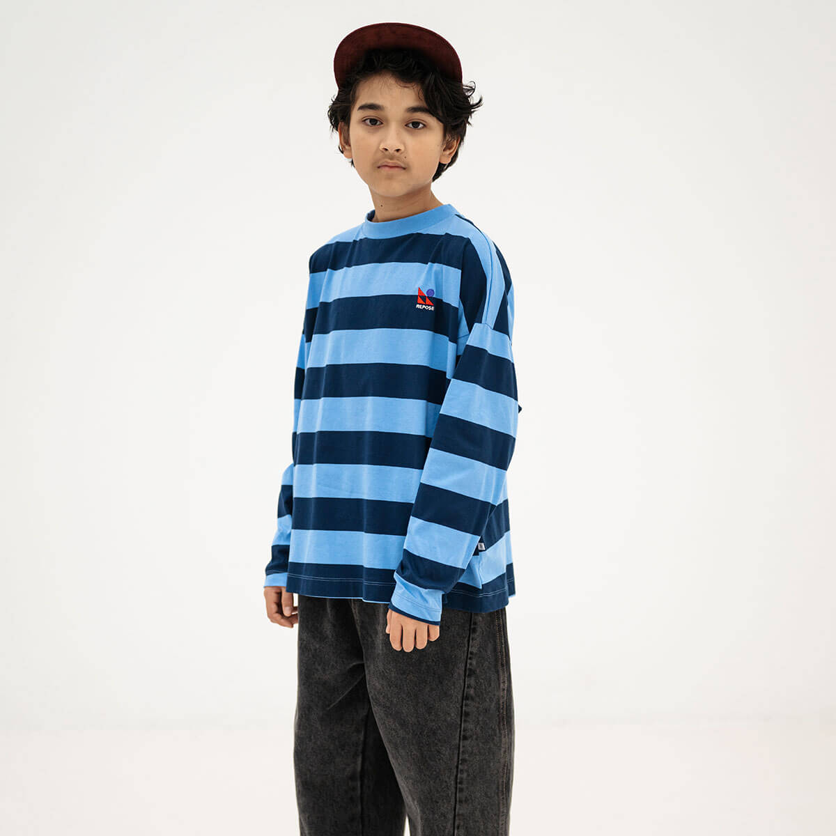 T-shirt à manches longues en coton biologique à rayures larges avec épaules tombantes pour enfants de 2 à 14 ans